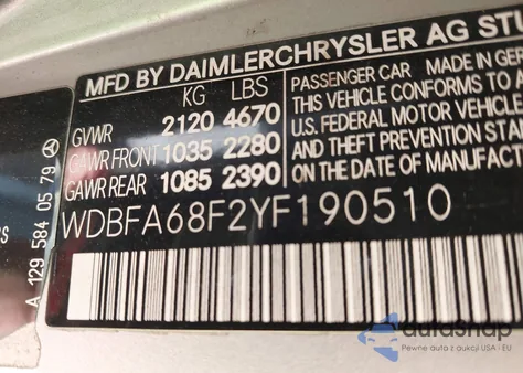 2000 Mercedes-Benz Sl 500 z USA, uszkodzony, nr VIN WDBFA68F2YF190510